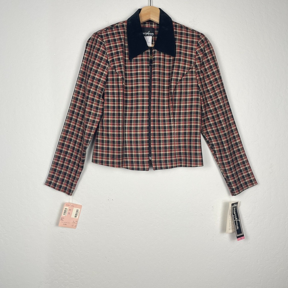 NWT Vintage Plaid Jacket Equestrian Country Suede Collar Brown Size 4 Petite‎
